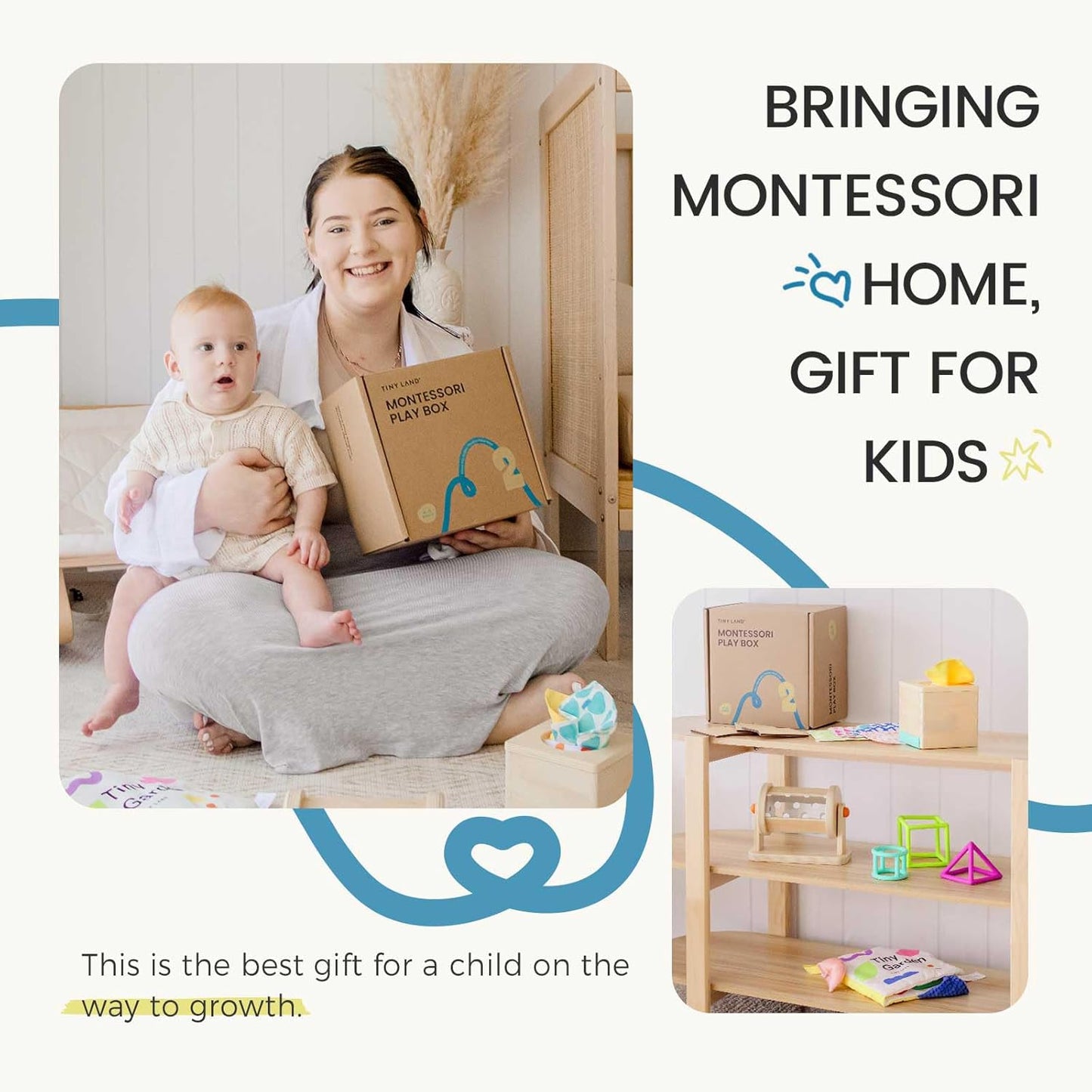 Tiny Land Montessori Baby Toy Set 4-6 Months – Early Learning Motor Skills Development Kit with 4-in-1 Soft Cloth Book, Spinning Rainbow Toy, Silicone Blocks and Baby Tissue Box