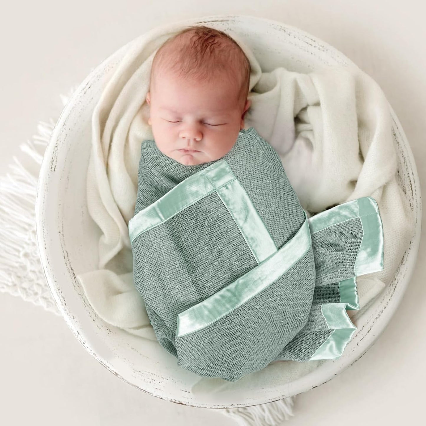 lulumoon Swaddle Baby Blanket: Waffle Blanket with Satin Trim - Breathable Toddler Blankets Perfect for Nursing Cover and Playtime - Cotton Crib Quilt for Daytime Naps 40"x36"(Sage)