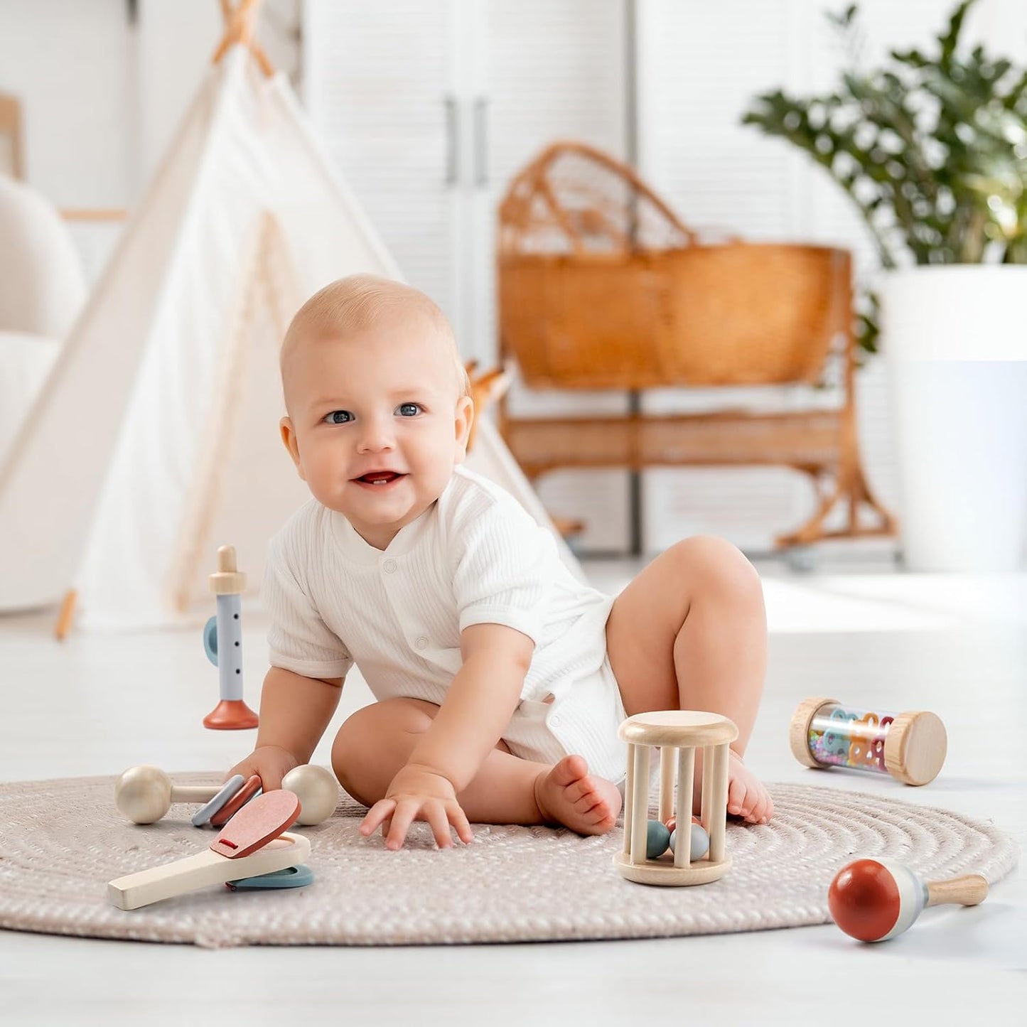 Montessori Mama Baby Rattle and Musical Set, 6 Piece Wooden Infant Toy