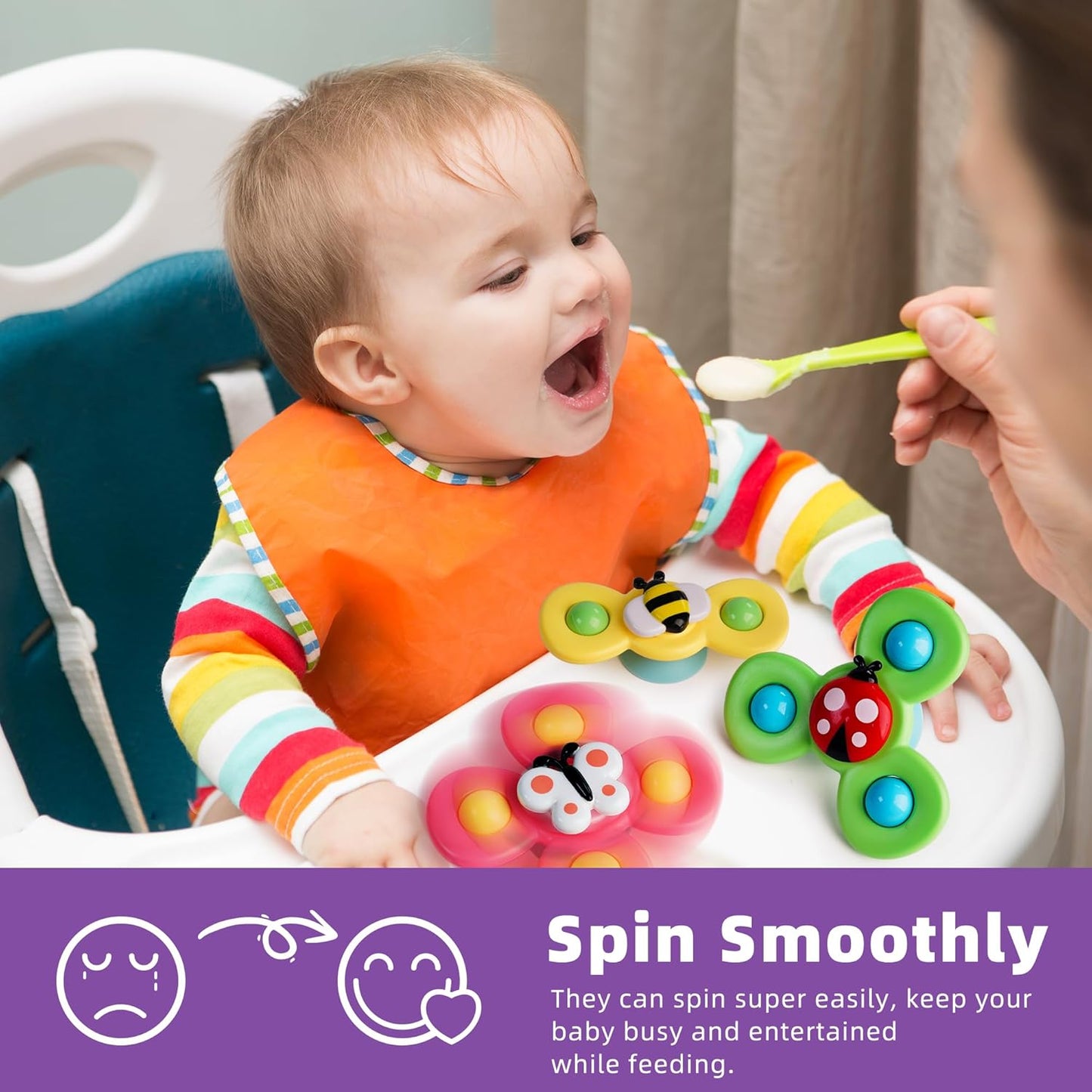 LiKee Strong Suction Cup Fidget Spinnerz Sensory Bath Toys for Baby 12 18 Months Airplane Car Travel Table & Window Toys for 1 2 Year Old Toddler Boys and Girls (Insect)