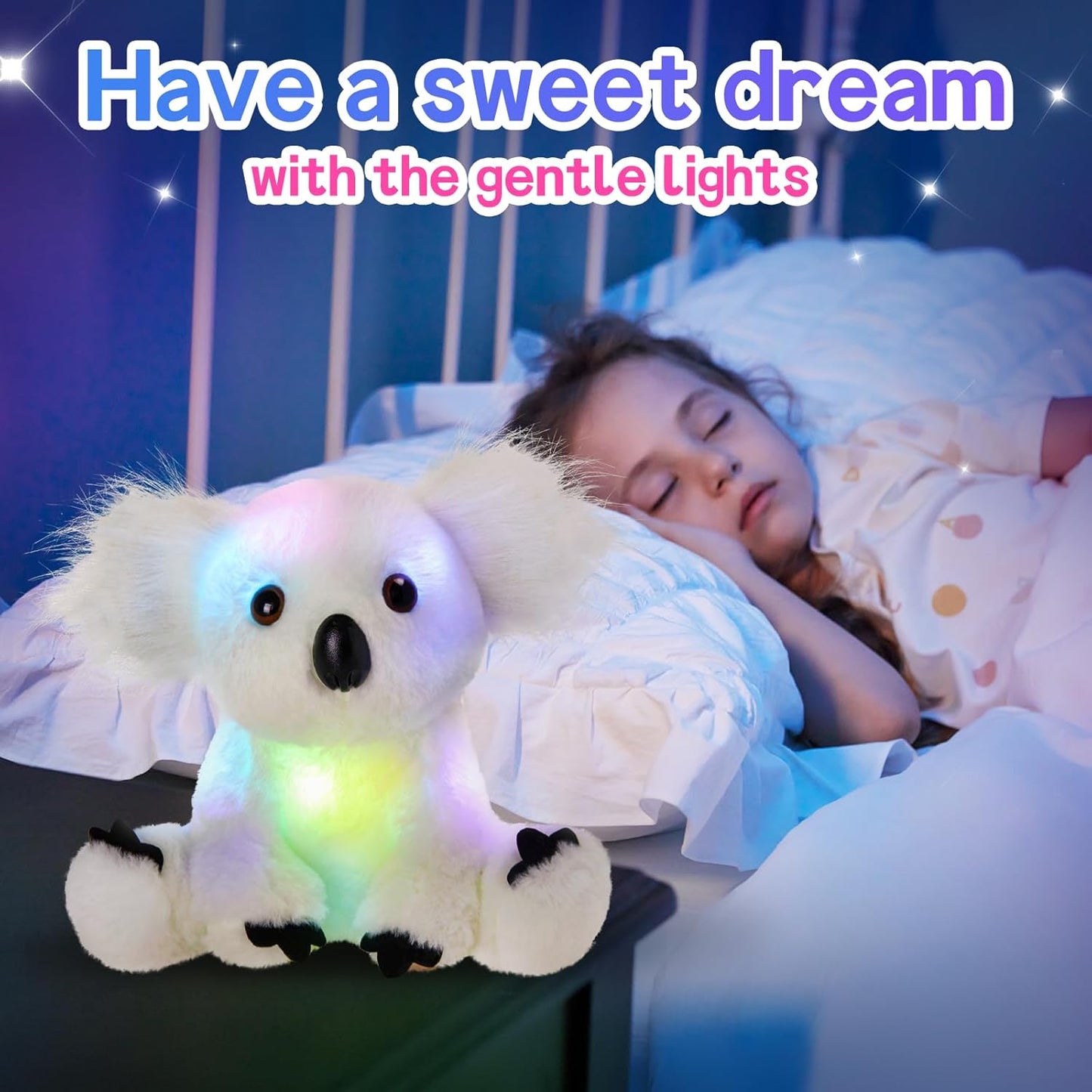 Glow Guards 10'' Light up White Koala Stuffed Animal LED Soft Plush Wildlife Toy with Rainbow Night Lights Ideal Birthday Children's Day for Toddler Kids