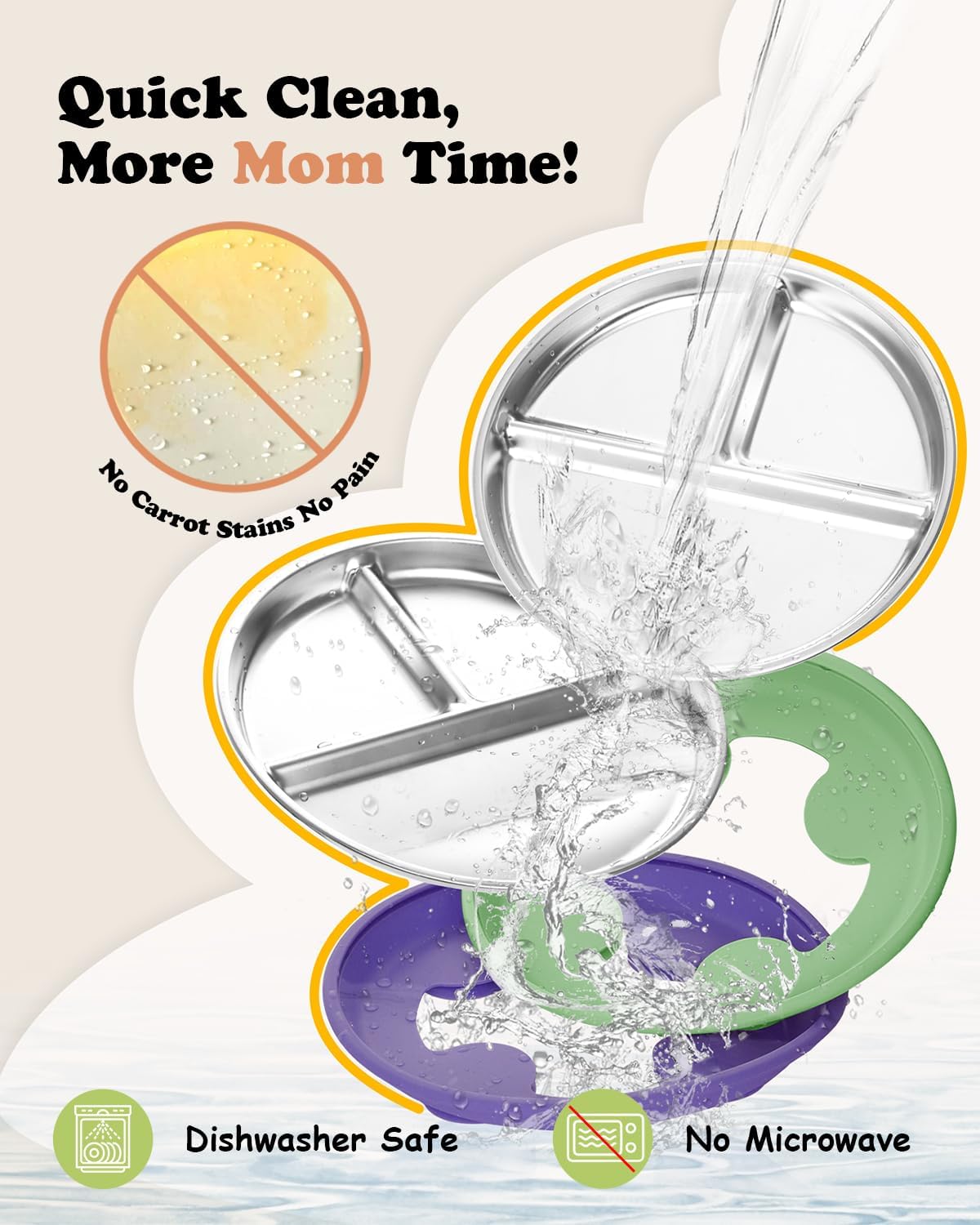 Stainless Steel Toddler Suction Plate with Lid, Deeper 9" Divided Plates with Removable Silicone Sleeves for Kids, Non Toxic & BPA Free | Unbreakable Baby Snack Dishes Set of 2, Green & Purple