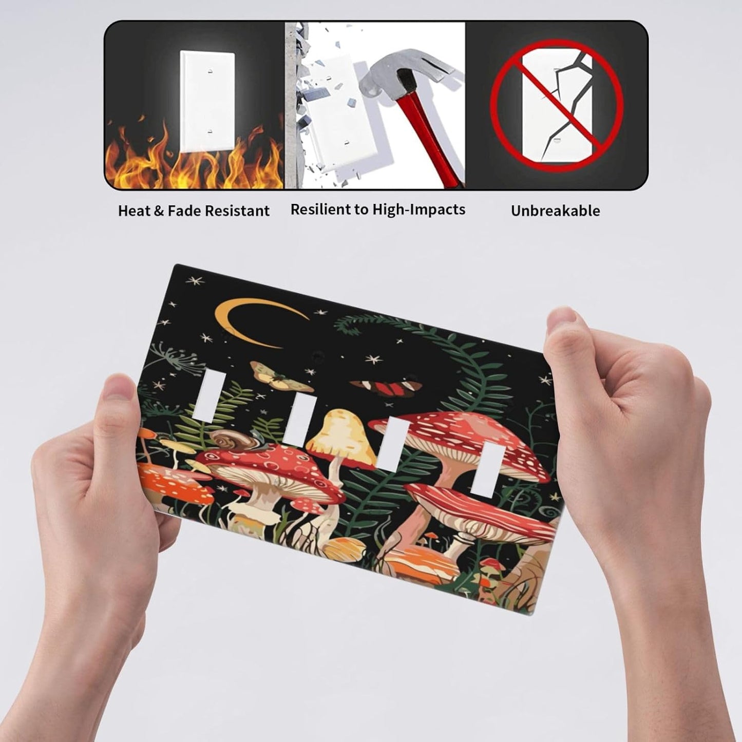 Moon Star Red Mushroom Forest Butterfly Green Plant Light Switch Covers Quad Toggle Electrical Faceplate 4 Gang Wall Plate Decorative Switch Plates for Kids Room Home Decor