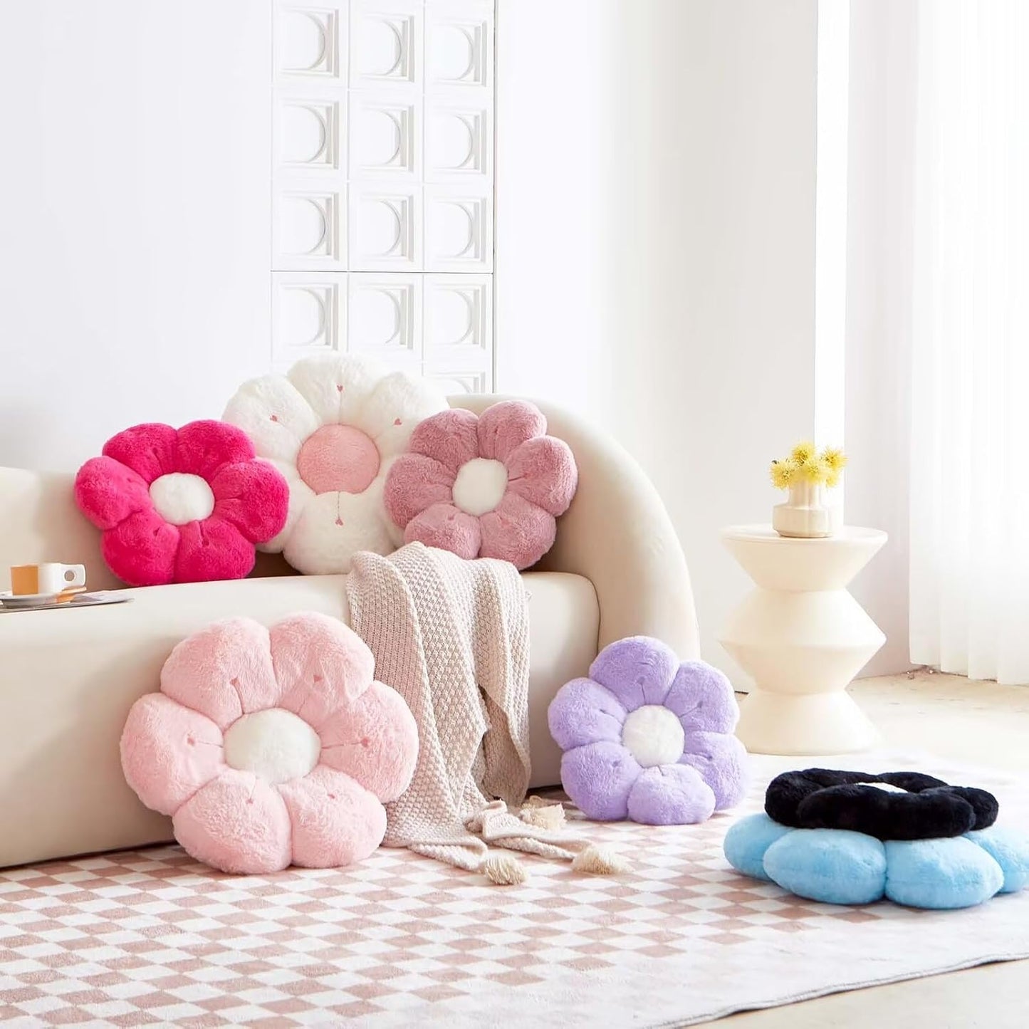 Flower Pillow, Cute Flower Shaped Decorative Pillow, Soft Rabbit Fur Daisy Pillow Home Decor Floor Seating Cushion for Bedroom Living Room (Blue2 14.9 Inch)