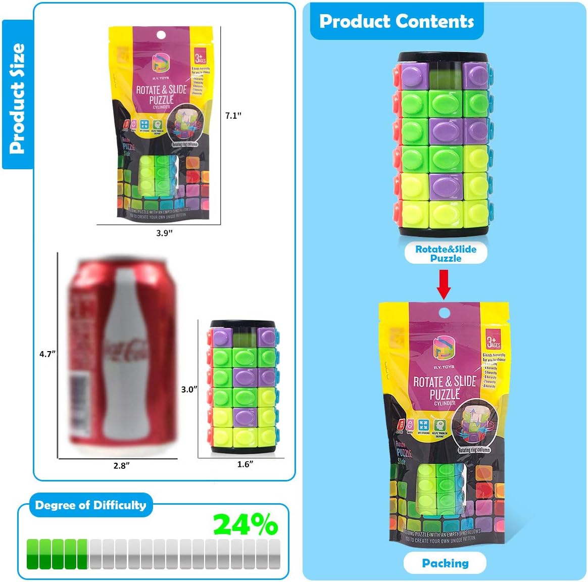 R.Y.TOYS Rotate and Slide Puzzle-Design Patent,Fidget Toys(Restore Order/Create Patterns) 8 Colors,6 Layers-Detach Piece for Quick Play,Brain Teaser,Sensory Toys,Birthday Gifts,Easter Basket Stuffers