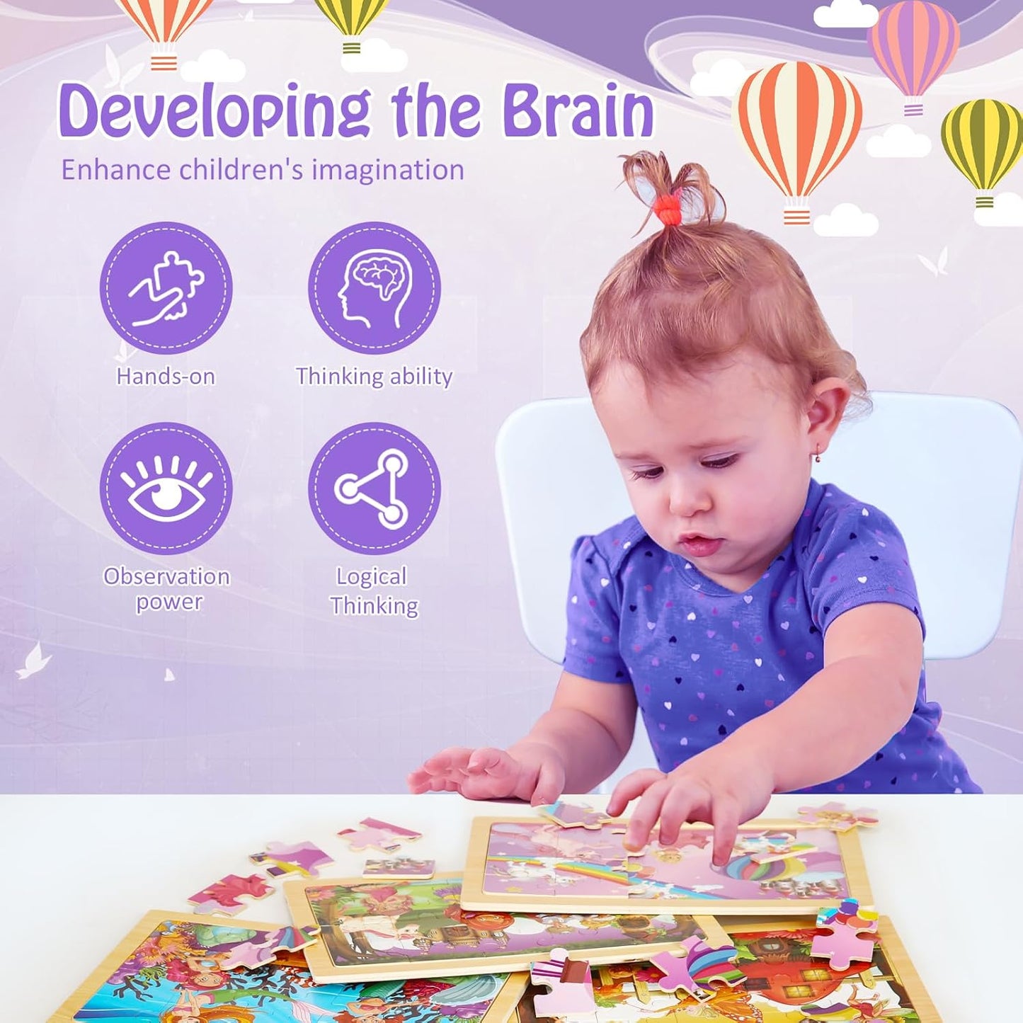 Wooden Puzzles Toys for Kids Ages 3-5, Set of 4 Packs with 20-Piece Unicorn Mermaid Princess Wood Jigsaw Puzzles, Preschool Educational Brain Teaser Toys for Girls 3 4 5 6 Years Old.