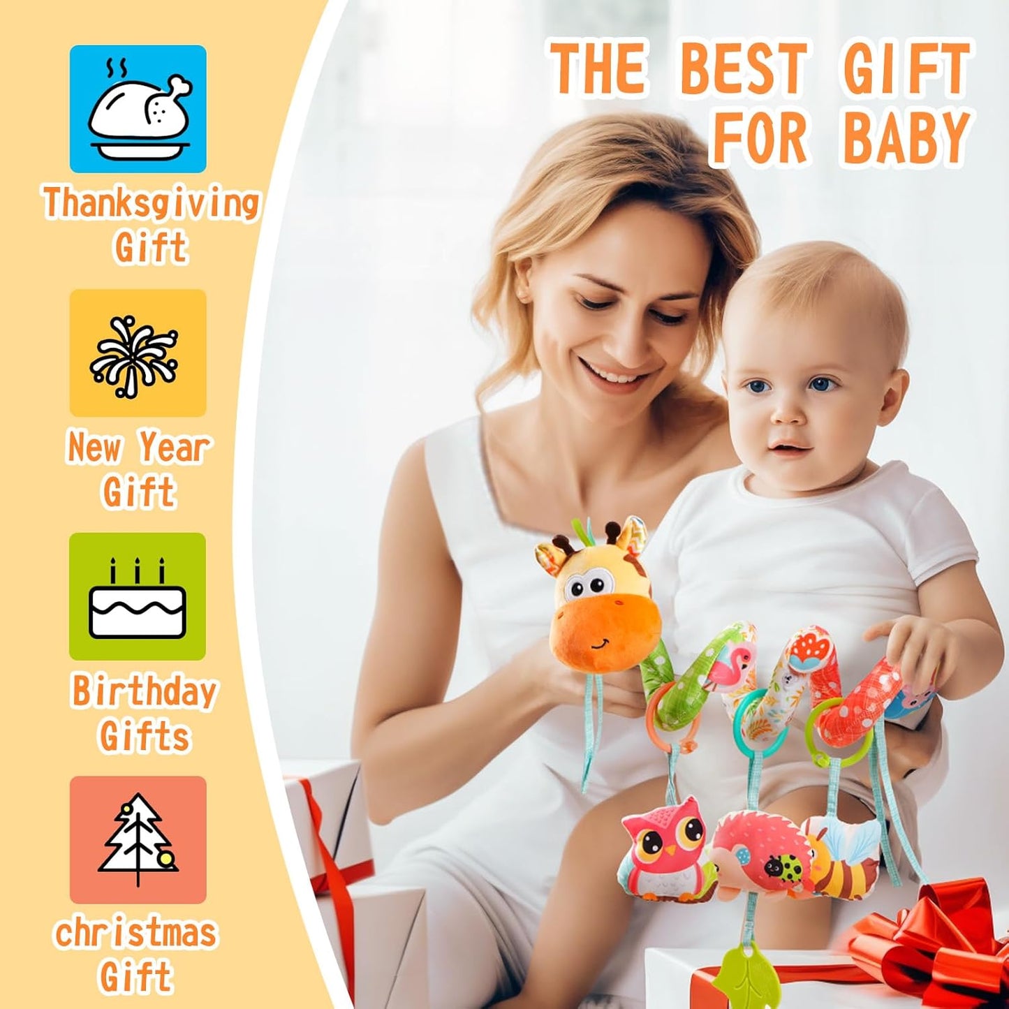 Jollybaby Crib Stroller Car Seat Toys for Baby 0-3-6-9-12 Months, Tummy Time Hanging Sensory Toys for Newborn with Music Box and Teether, Spiral Carseat Toy for Infant Boys Girls Gifts (Yellow)