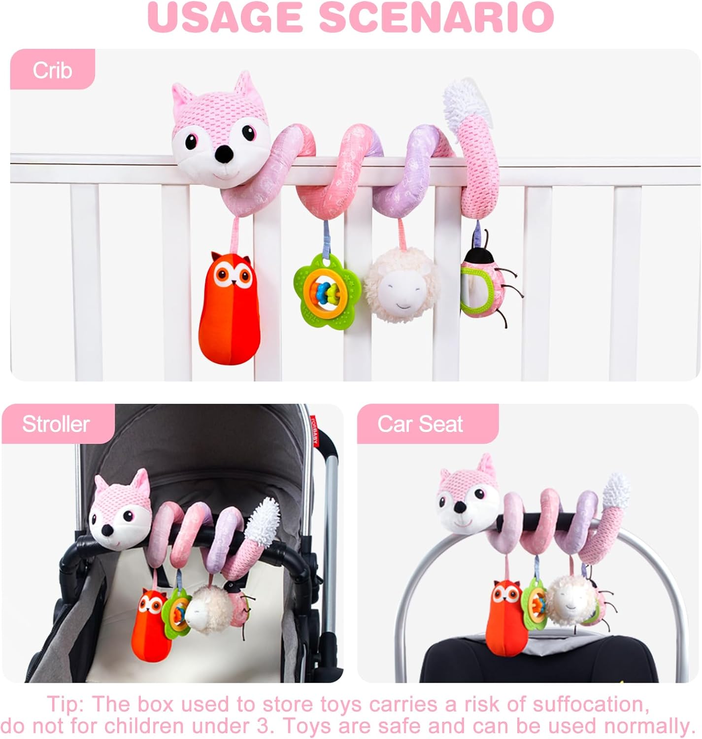 Jollybaby Baby Car Seat Stroller Toys, Plush Activity Hanging Spiral Activity Pram Crib with Music Box, Rattles, Squeaker for Babies Infant Boys Girls(Pink Fox)