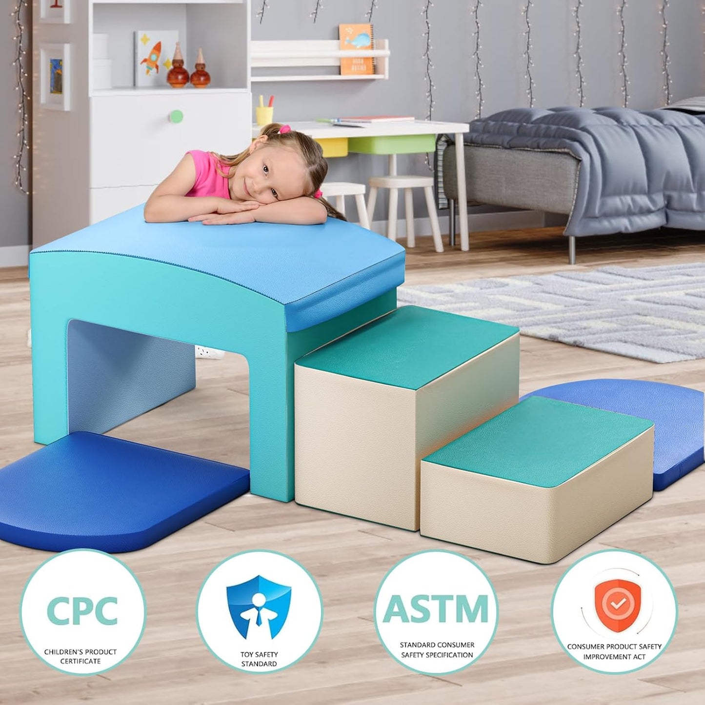 SURPCOS Foam Climbing Blocks for Toddlers - Soft Play Set for Toddlers 1-3 - Climbing Toys - Baby Climbing Gym Foam - with Slide Stairs and Tunnel - Great for All Ages (6 Pc Blue Soft Play Area Set)