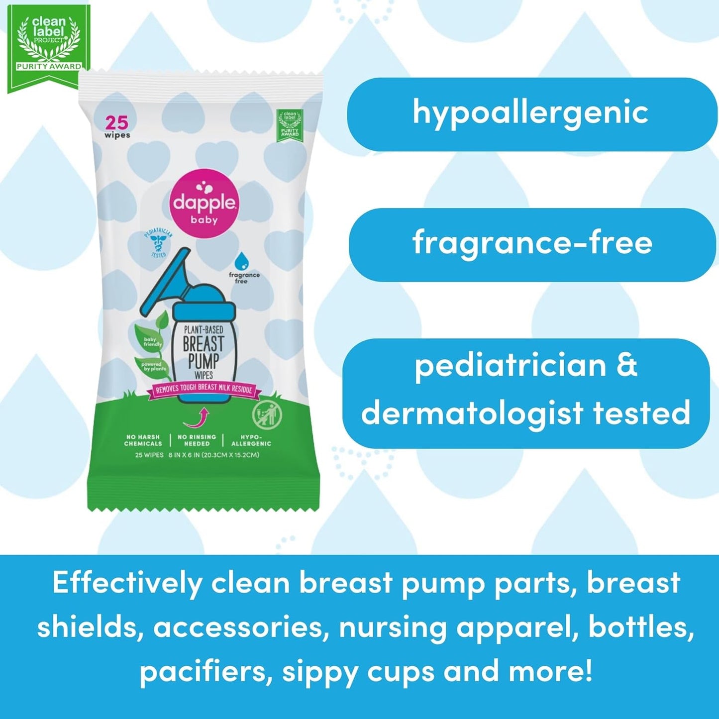 Dapple Baby Breast Pump Wipes, Powered by Plants, Hypoallergenic, Removes Milk Residue, No Rinse, Fragrance Free, 25 Count (Pack of 3)