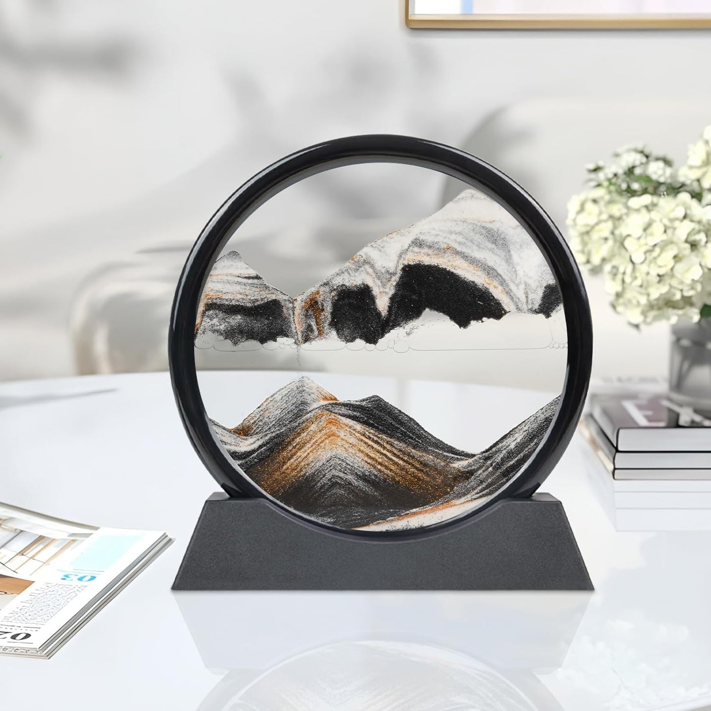 Drakswet Moving Sand Art Liquid Motion,Moving Sand Art Picture-3D Deep Sea Sandscape,Round Glass Frame Display Flowing Sand Relaxing Desktop Home Office Work Decor (Black)