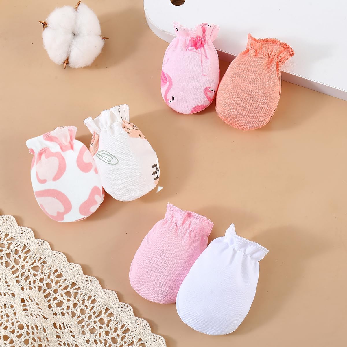 PandaEar 6 Pairs Newborn Baby No Scratch Mittens, 100% Cotton Elastic Wrist Gloves for baby Girls 0-6 Months
