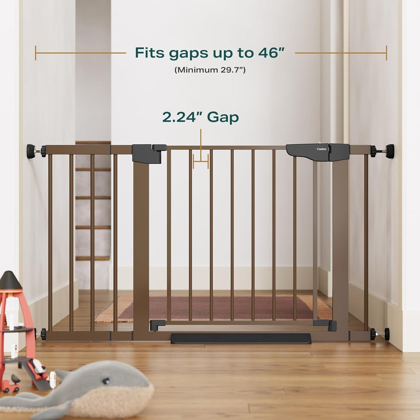 Cumbor 2 Pack 29.7-46" Baby Gate for Stairs, Mom's Choice Awards Winner-Auto Close Dog Gate for doorways, Easy Install Pressure Mounted Pet Gates indoor, Easy Walk Thru Wide Safety Gate for Dog, Brown