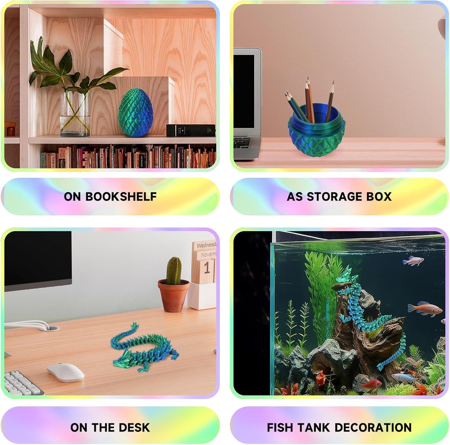 3D Printed Dragon Egg,Dragon Eggs with Dragon Inside,Crystal Dragon Fidget Toys,Full Articulated Dragon Dragon in Egg,Adults Fidget Toys for Autism ADHD (Laser Green-12inch)