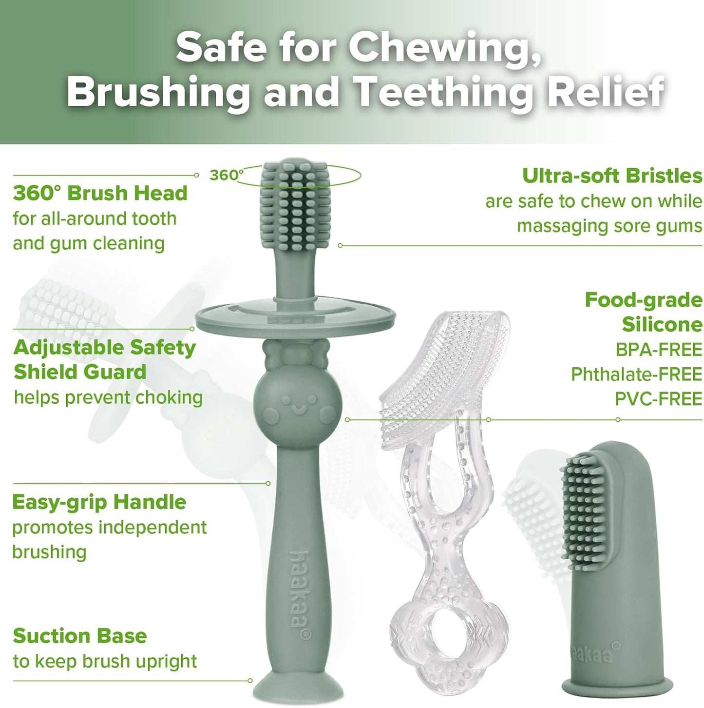 haakaa Training Toothbrush Set Oral Care Kit, Soft Silicone Toothbrush for Baby, Infants, Toddlers & Kids, Pea Green
