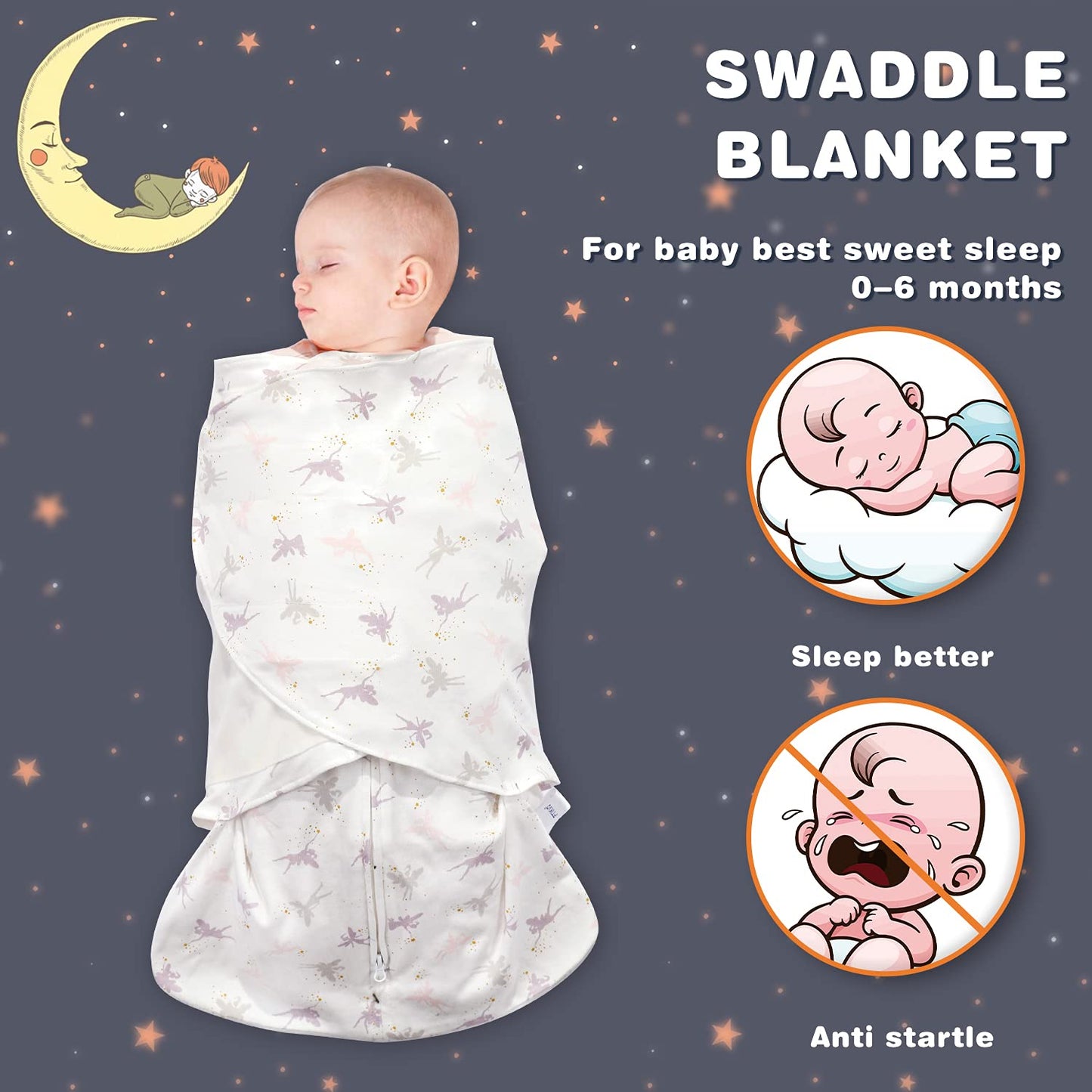 Swaddle-Blanket Baby Girl & Boy Swaddles Newborn Infant Transition 100% Cotton Wrap Blankets, 3-Way Adjustable Wearable Blanket, TOG 1.0 (Little Fairy, 3-6 Month)