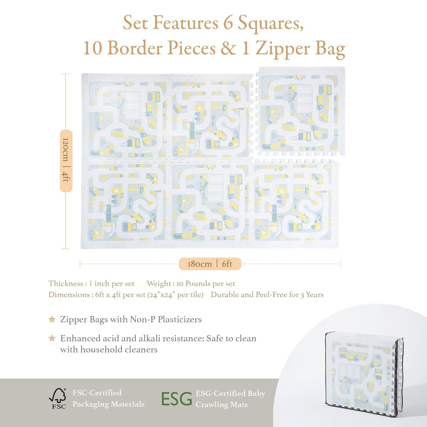 Premium Baby Foam Play Mats -Stylish Floor & Exercise Puzzle Mat for Toddlers & Kids- 6 Soft, Non-Toxic, Odorless, Peel-Resistant Foam Tiles - 6ft x 4ft -1" inch Extra-Thick, Warm Beige