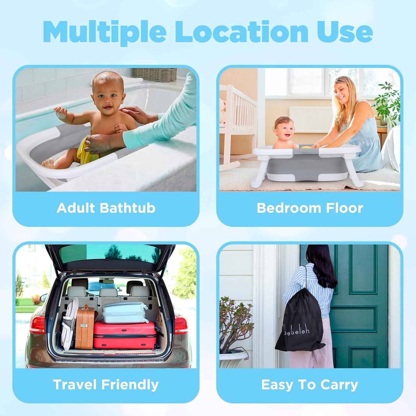 BEBELEH™ Collapsible Baby Bathtub – Bathtub + Baby tub Sling + Newborn Sling – Baby Bathtub Newborn to Toddler 0-24 Months – The Ultimate Travel Baby Bath Tub and Everyday Use! (Gray)