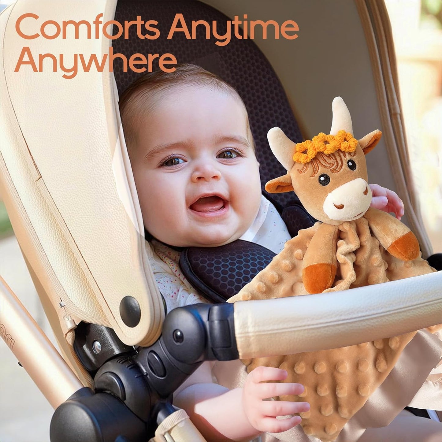 2 Pcs Loveys for Babies, Soft Baby Security Blanket Lovies for Babies, Stuffed Animals Blankie for Newborn Infant with Baby Snuggle Toy, Gilrs Gifts Highland Cow Security Blanket 16 Inch