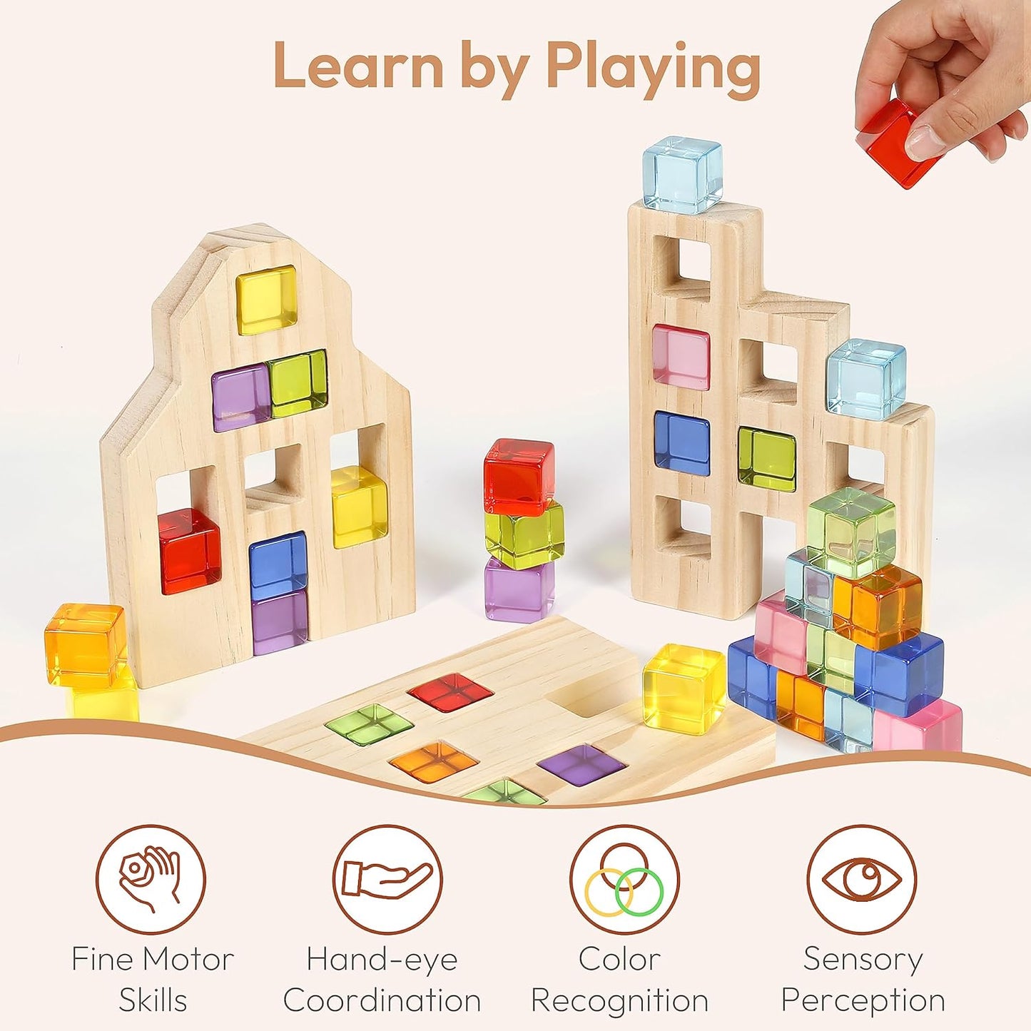 Wooden Building Blocks Set for Kids, 36 PCS Rainbow Acrylic Gem Cubes Blocks - 3 Wood House, Montessori Stacking Toy for Toddlers, Educational STEM Birthday Toys for Boys Girls 3-6