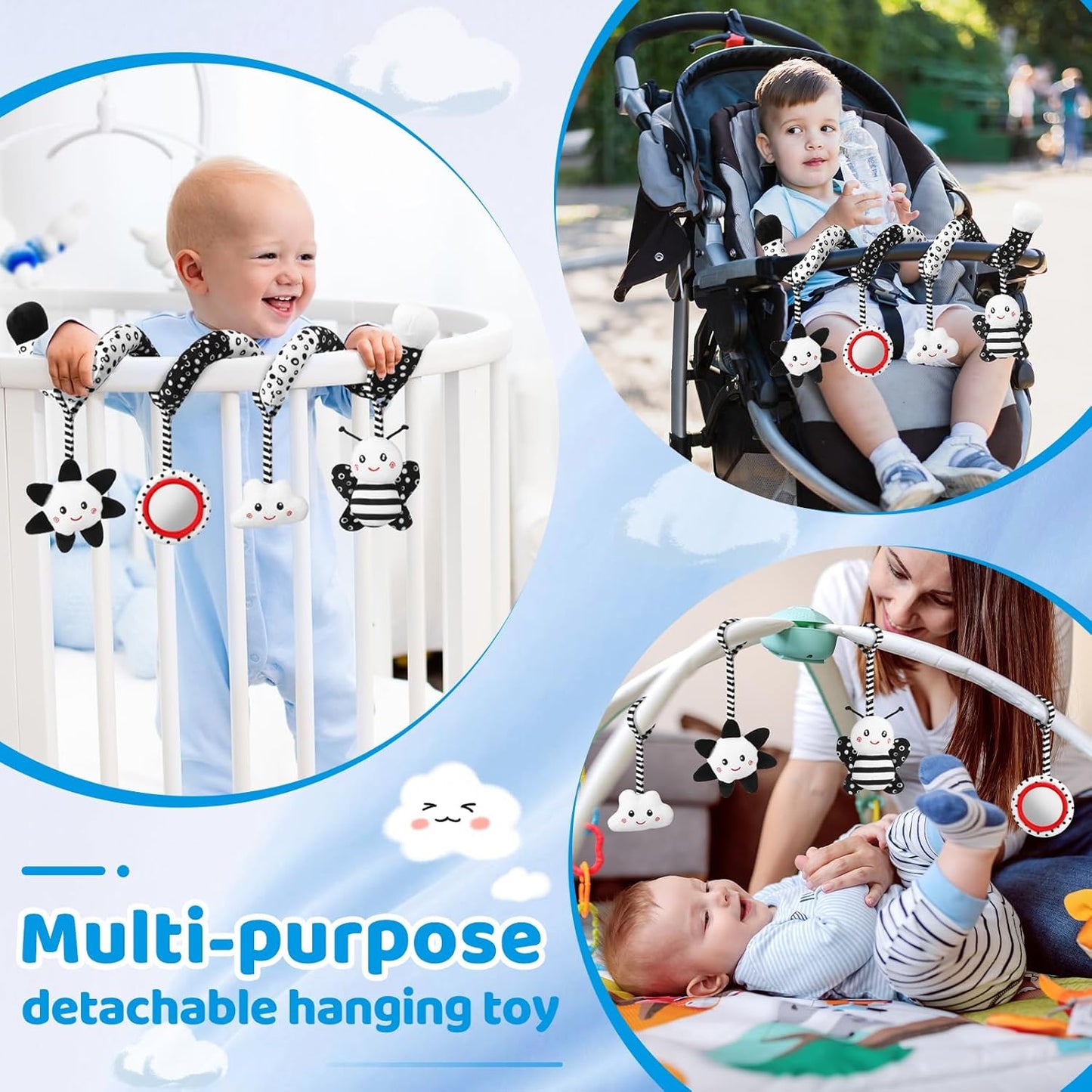 Car Seat Toys Hanging and Stroller Toys for Babies 0-6 Months,High Contrast Baby Toys for Newborn 0 3 Months Brain Development,Black and White Baby Toys for Crib Mobile,Infant Ideal Gift