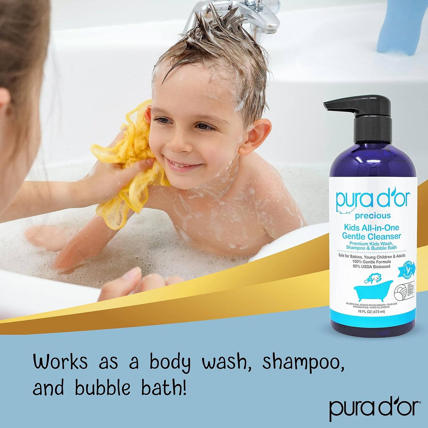 PURA D'OR Kids Wash (16oz x 2 = 32oz) All-in-One Gentle Cleanser - USDA Biobased, Sulfate-Free, Tear-Less, Hypoallergenic, Premium, Shampoo & Bubble Bath