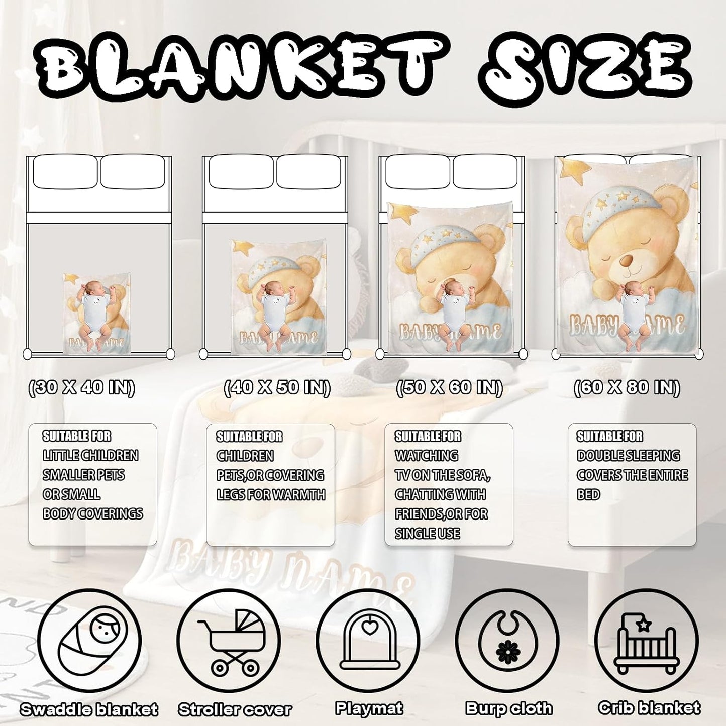 Ship Next Day, Personalized Baby Blanket – Printed in USA, Custom Baby Blanket for Boys & Girls, Baby Blanket with Name, Baby Shower, Easter, Christmas, Birthday Newborn & Toddler Gifts, Baby Gifts