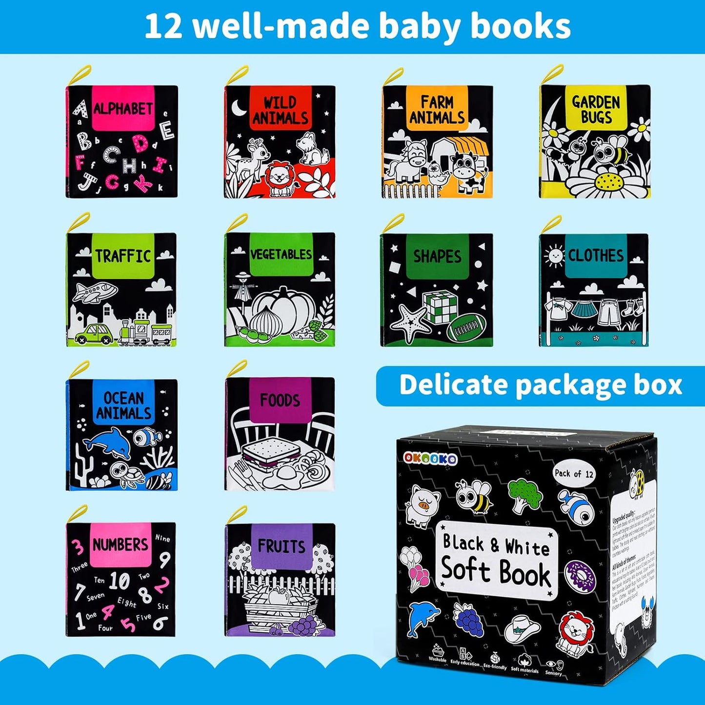 OKOOKO Soft Baby Books Black and White High Contrast 12PCS Soft Cloth Books Bath Books Crinkle Washable Non-Toxic Early Education Preschool Learning Toy for Newborns Babies Infants Toddlers Kids
