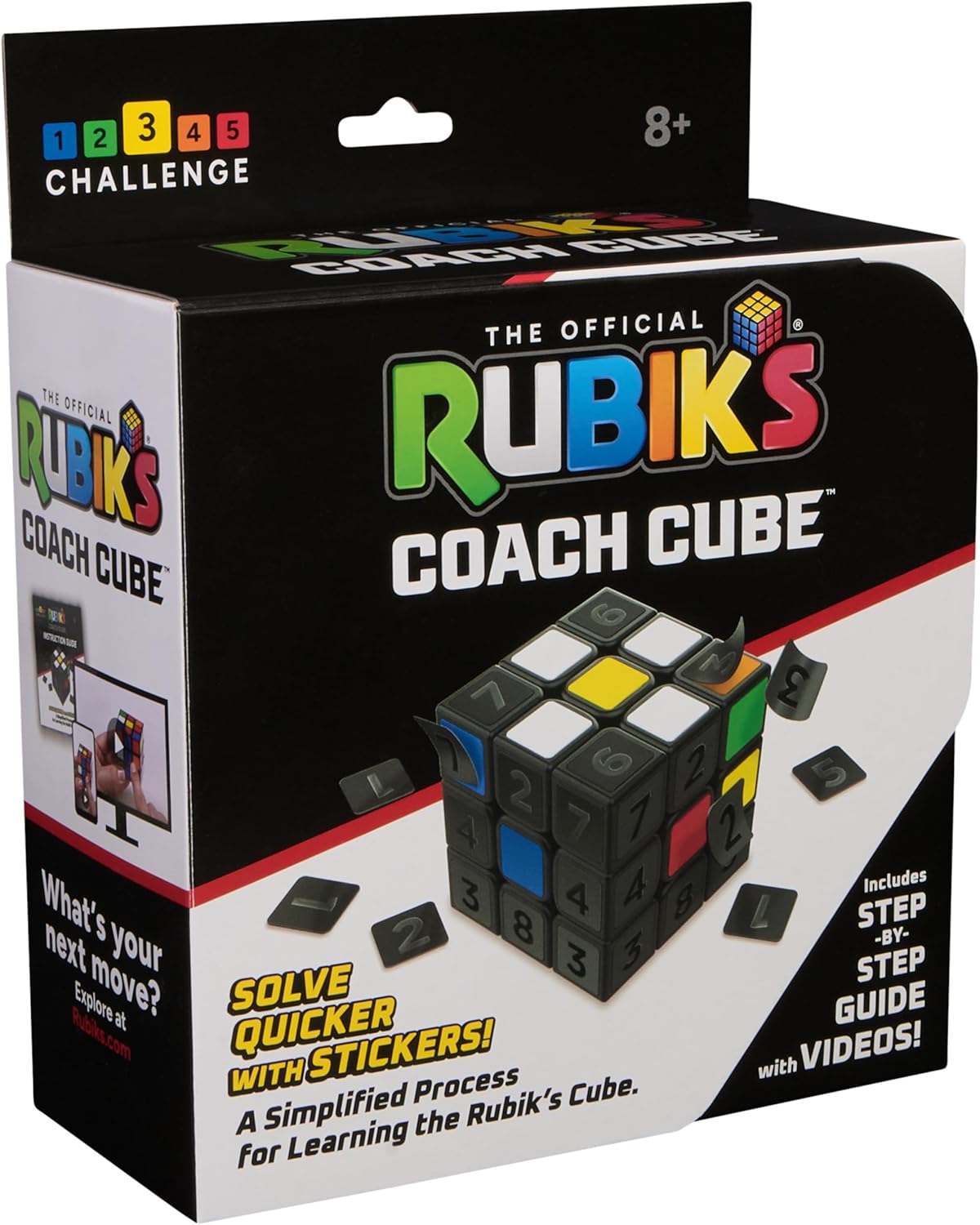 Rubik’s Coach Cube, Learn to Solve 3x3 Cube with Stickers, Guide, & Videos, Stress Relief Fidget Toy, Adult Toy Fidget Cube for Ages 8+