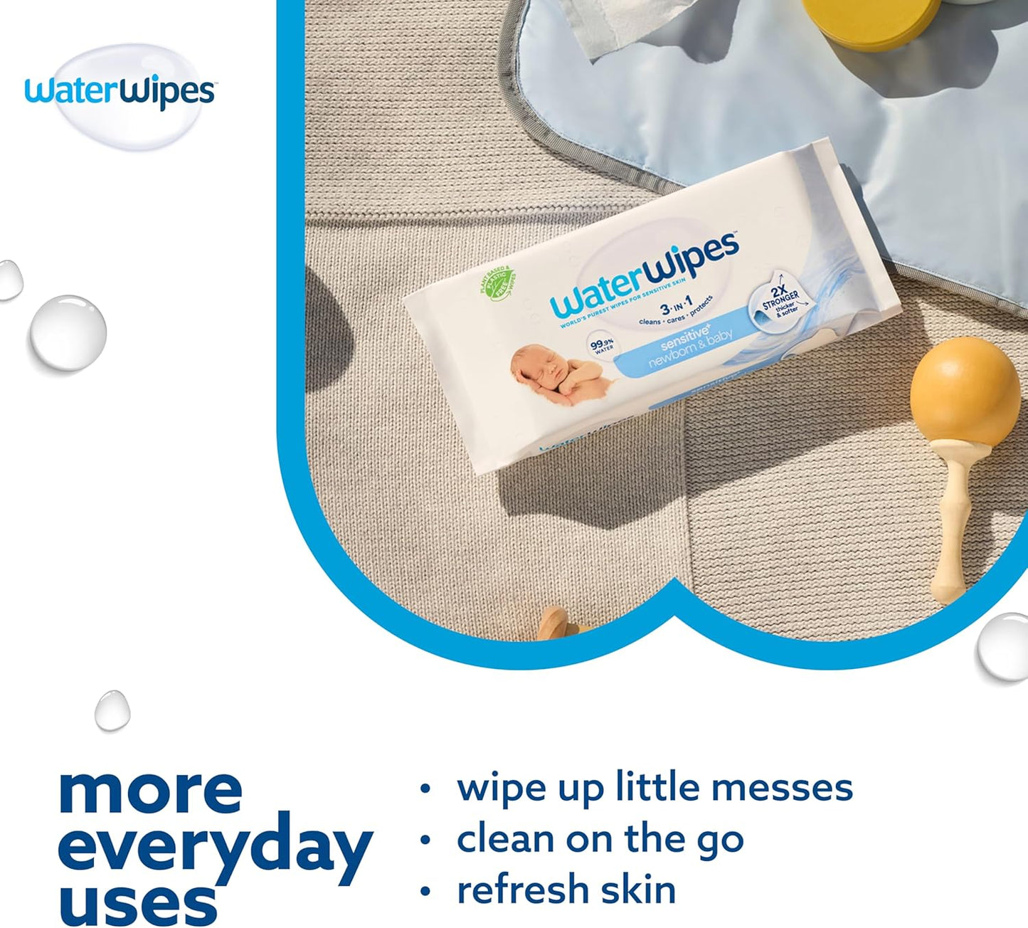 WaterWipes Sensitive+ Newborn & Baby Wipes, 3-In-1 Cleans, Cares, Protects, 99.9% Water, Unscented & Hypoallergenic, 1080 Count (18 Packs)