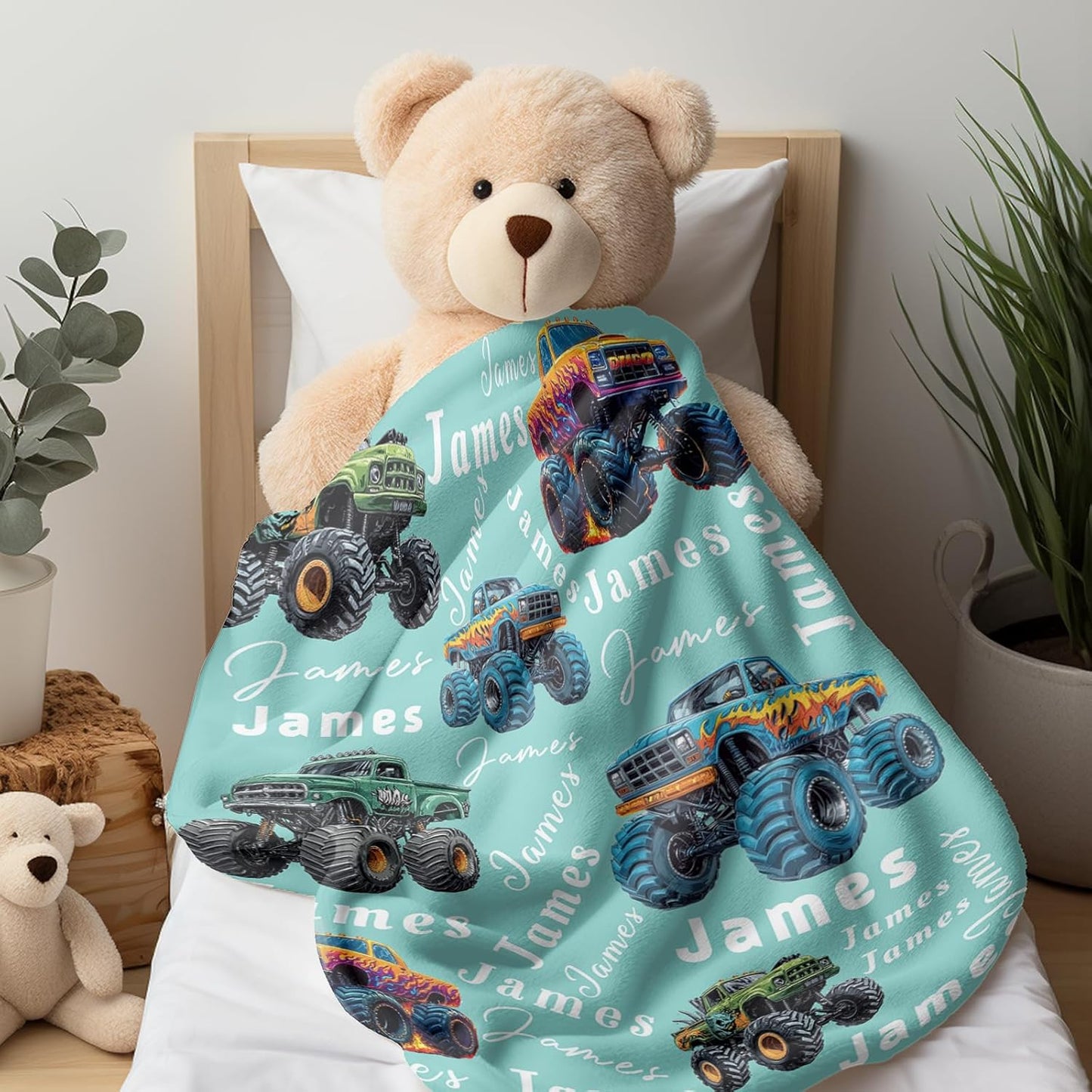 Ship Next Day, Personalized Truck Blanket - Printed in USA, Custom Name Blankets for Kids with Big Off Road Auto Vehicle Graphic, Home Bedding Decor, Fun Birthday Gift for Boys&Girls Women Man