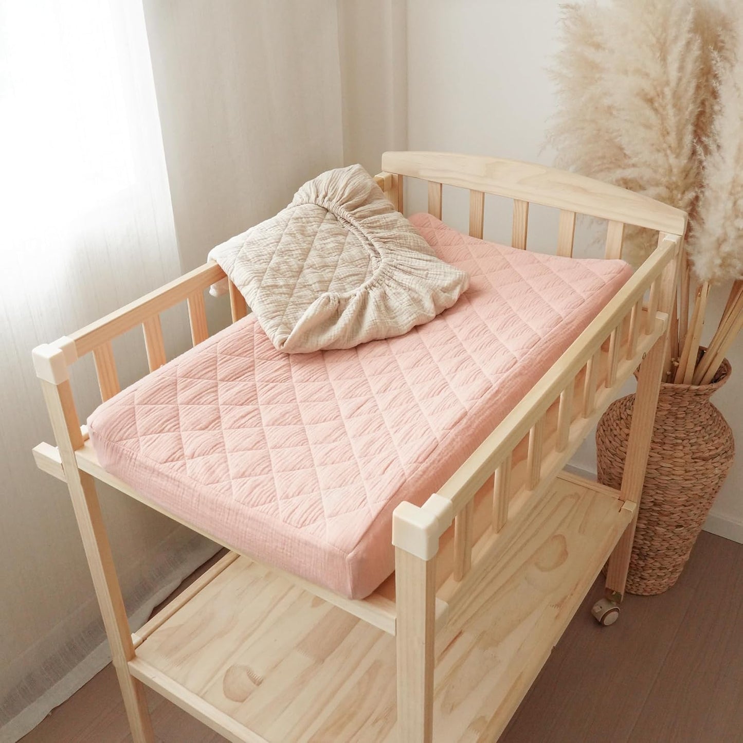 Konssy Waterproof Muslin Changing Pad Cover 2 Pack, Quilted Cotton Fitted Diaper Chang Table Cover, Soft Changing Pad Sheets for Girls Boys (Pink, Cream)