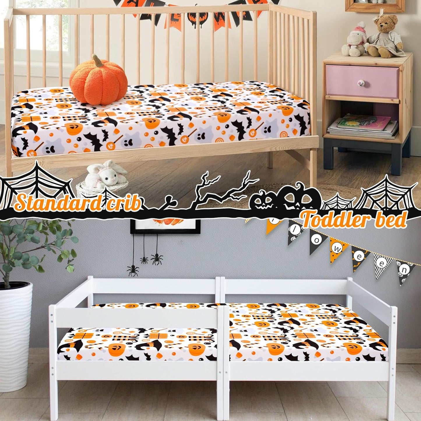 UOMNY Halloween Pumpkin Crib Sheet for Boys Girls Pumpkin Ghost Fitted Crib Sheets for Standard Crib 52 X 28 Inch Toddler Crib Mattresses Sheet