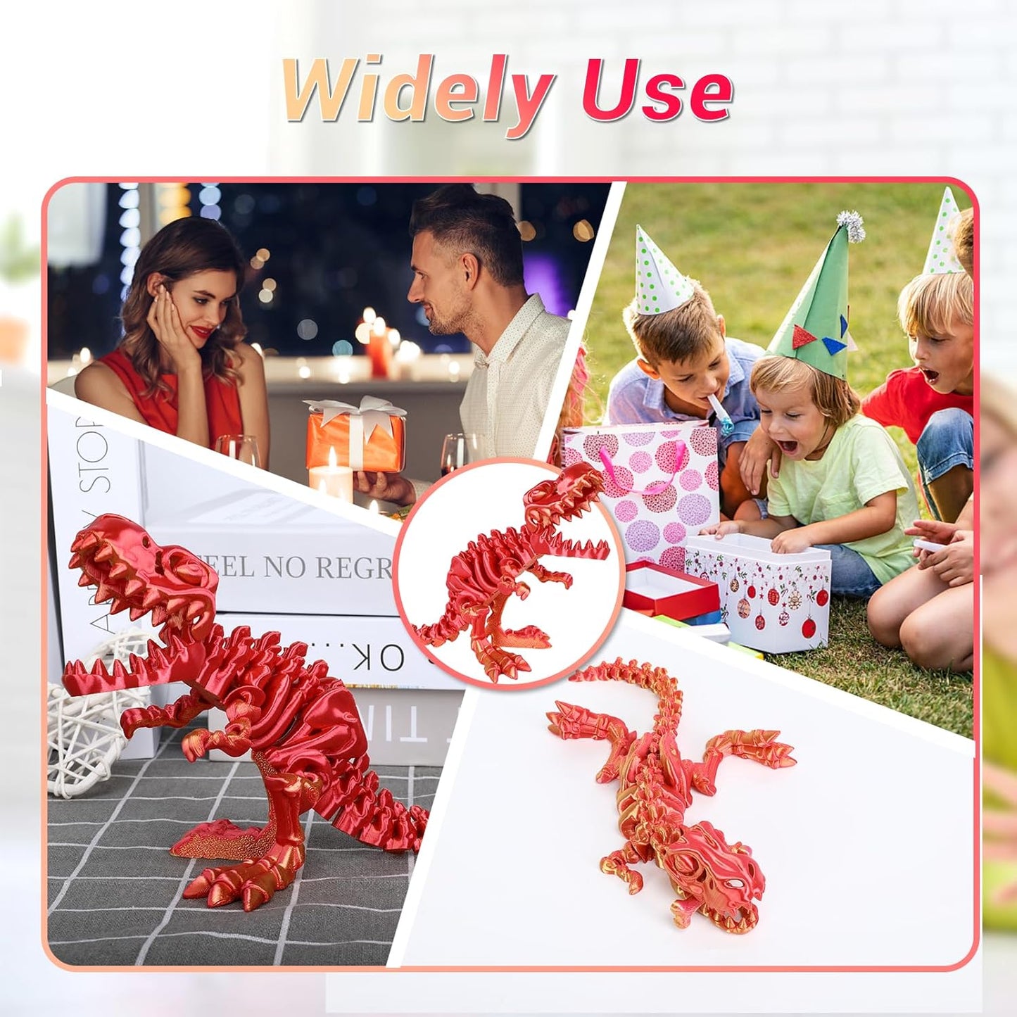 3D Printed Dinosaur Bone Skeleton Tyrannosaurus Rex with Movable Jaw Fidget Dinosaur Toys Full Articulated Dinosaur Executive Desk Toys Home Office Decor, Red-2