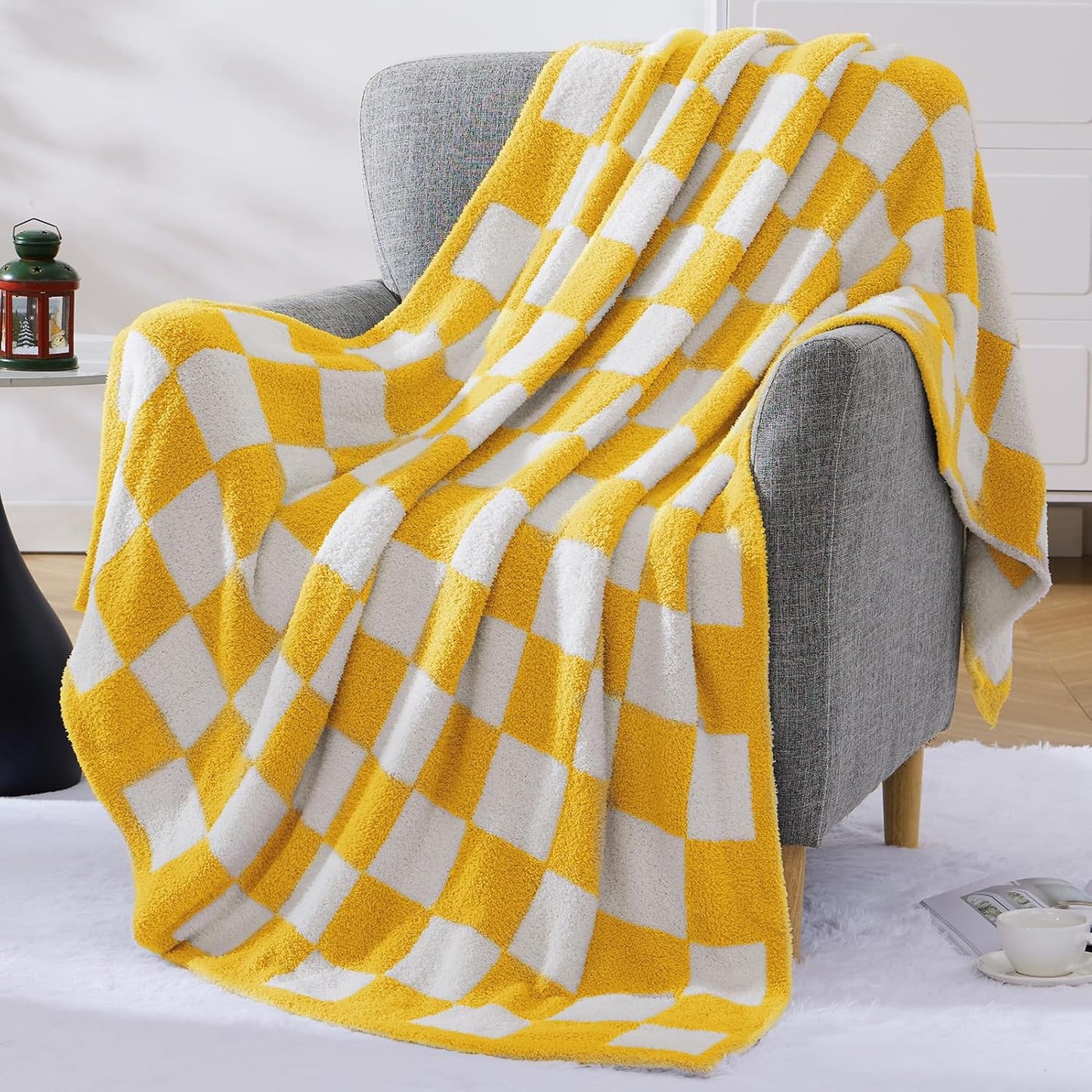 WRENSONGE Checkered Throw Blanket, Yellow Soft Cozy Fluffy Warm Hand Made Throw Blankets for Couch, Sofa, Chair, Bed, Camping, Picnic, Travel Lightweight Bed Blanket - 60"*80"