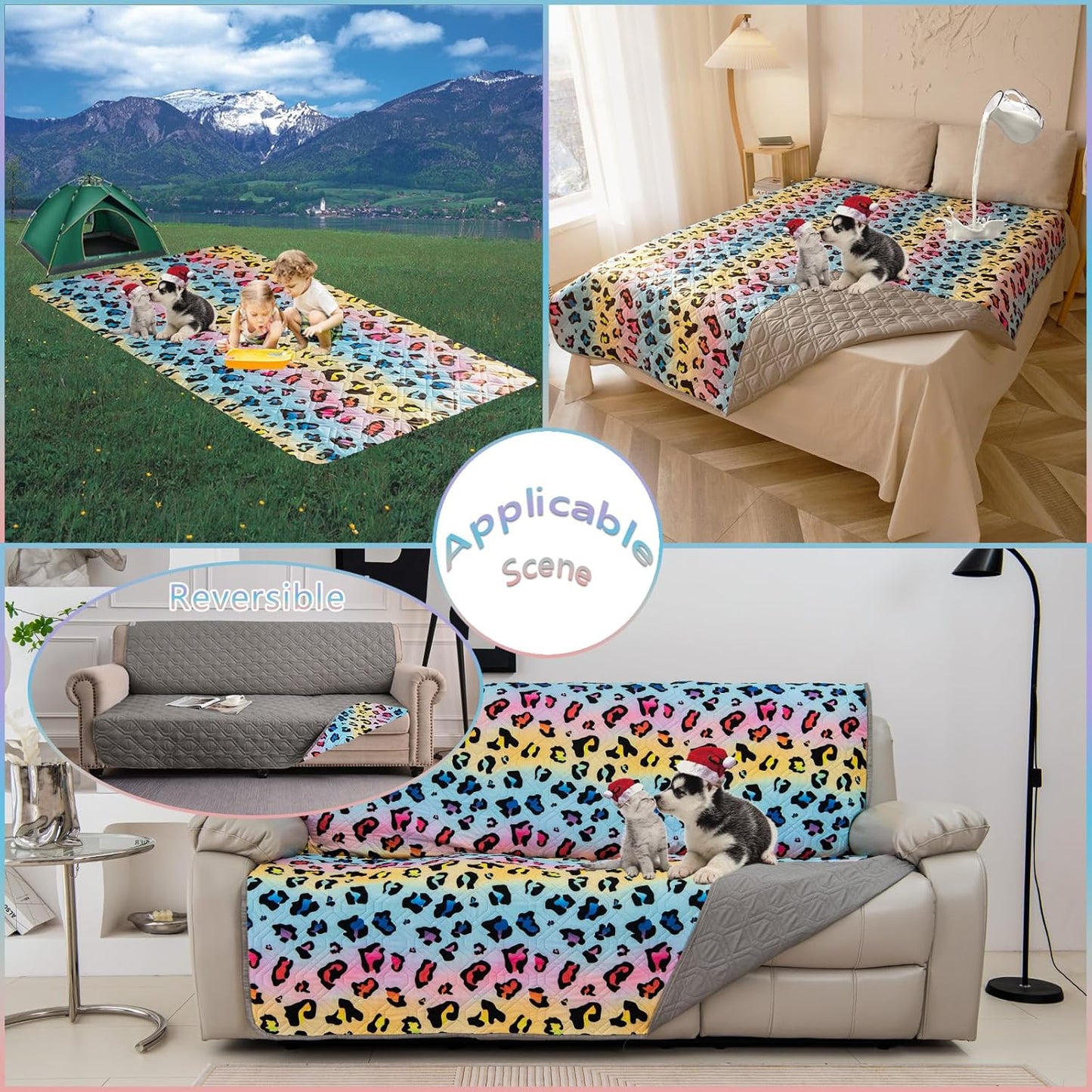 Waterproof Dog Bed Cover 30x70inch Reversible Pad Reusable Camping Mat for Kids/Pet/Dog/Cat Washable Geometric Embroidery Blanket Patchwork Rainbow Leopard Printed+Gray