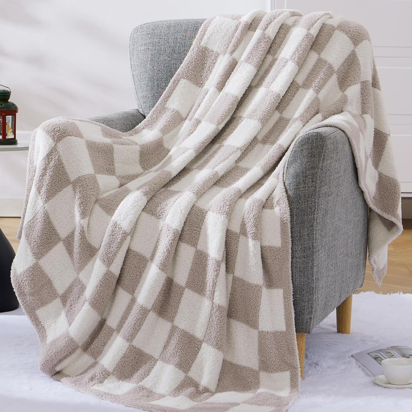 WRENSONGE Checkered Throw Blanket, Taupe Soft Cozy Fluffy Warm Hand Made Throw Blankets for Couch, Sofa, Chair, Bed, Camping, Picnic, Travel Lightweight Bed Blanket - 60"*80"