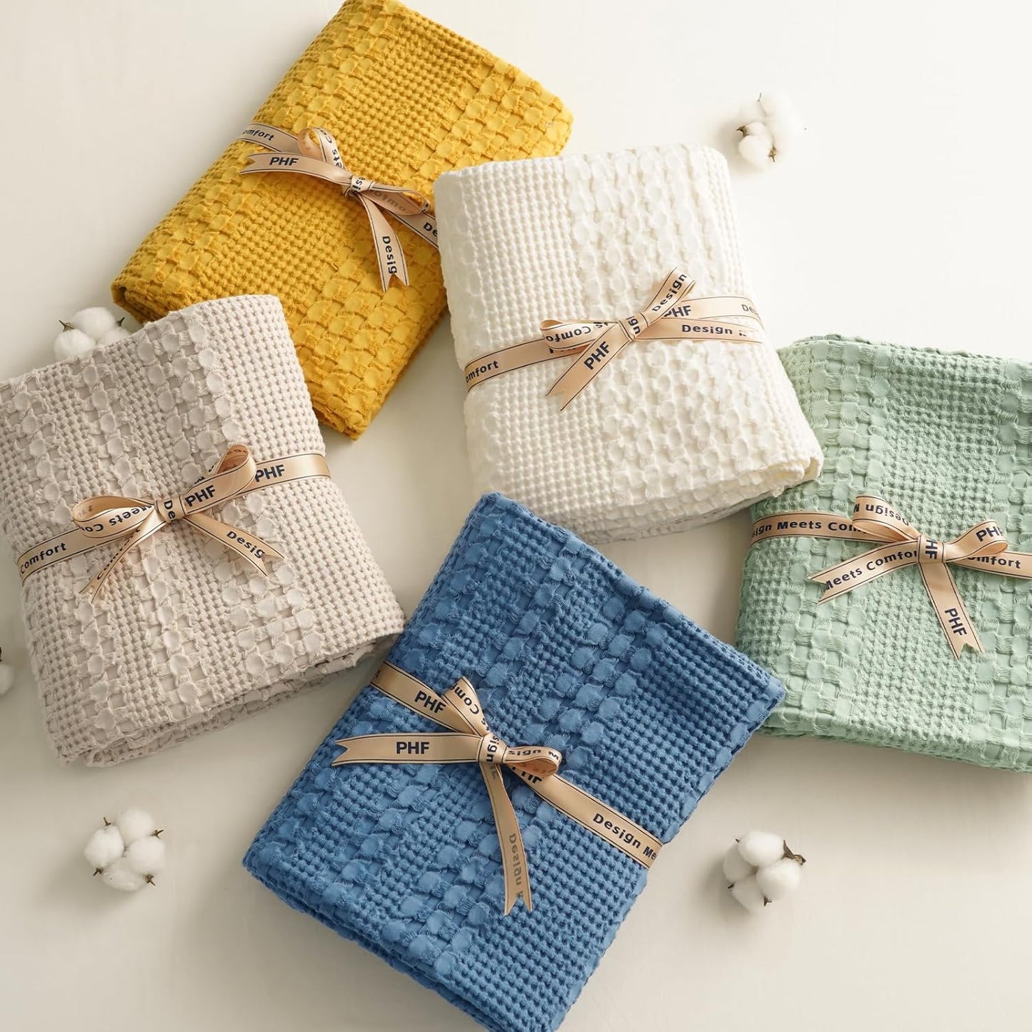 PHF 100% Cotton Waffle Weave Blanket Queen Size, Soft Lightweight Breathable Cozy Summer Blankets for Bed, Luxury Aesthetic Woven Bedding for Home Decor, 90"x90", Ivory