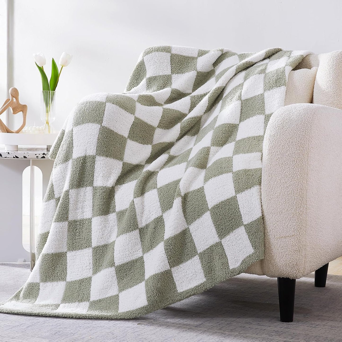 WRENSONGE Checkered Throw Blanket, Sage Green Soft Cozy Fluffy Warm Hand Made Queen Throw Blankets for Couch, Sofa, Chair, Bed, Camping, Picnic, Travel Lightweight Bed Blanket - 90"*90"