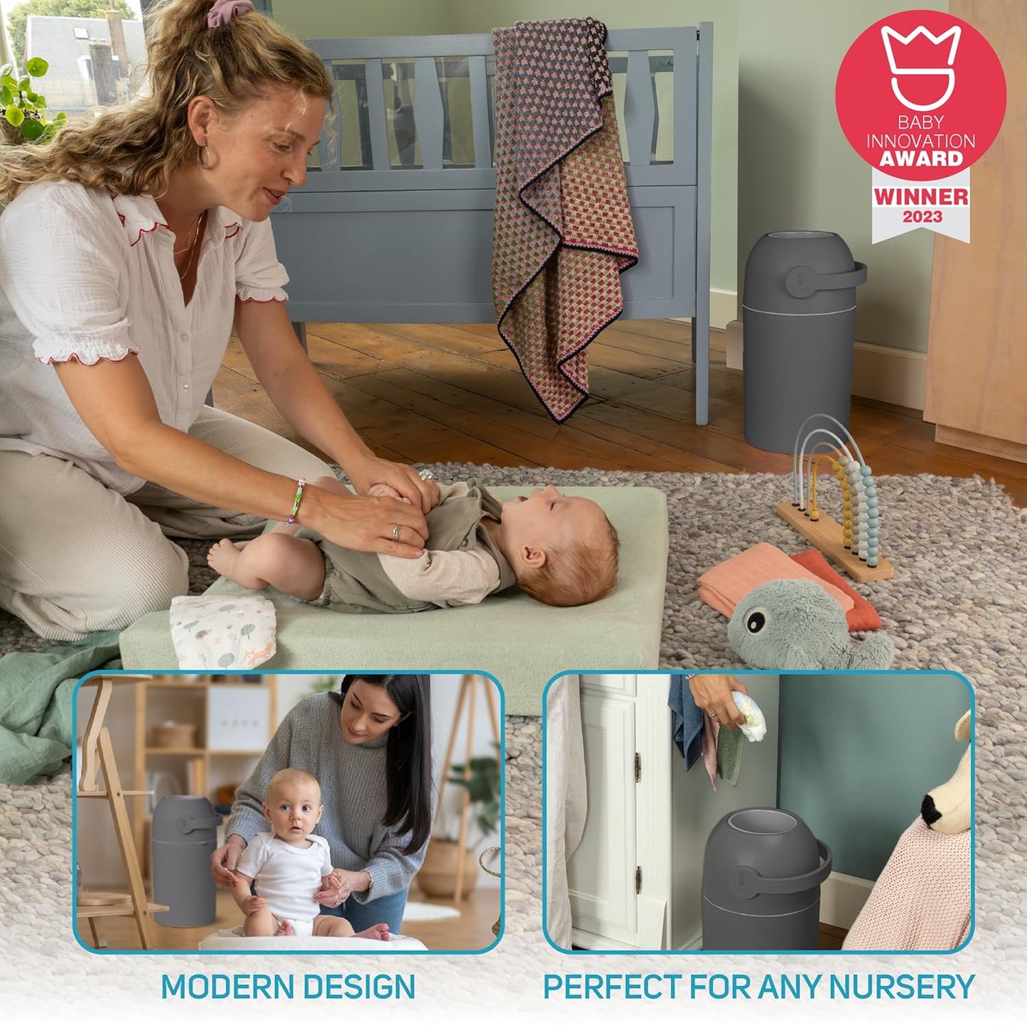 L.A. Baby Magic Diaper Pail - Patented 100% Odor-Free System with Child-Safe Lock - Award-Winning Design - No Refills Required - Works with Regular Trash Bags - Gray