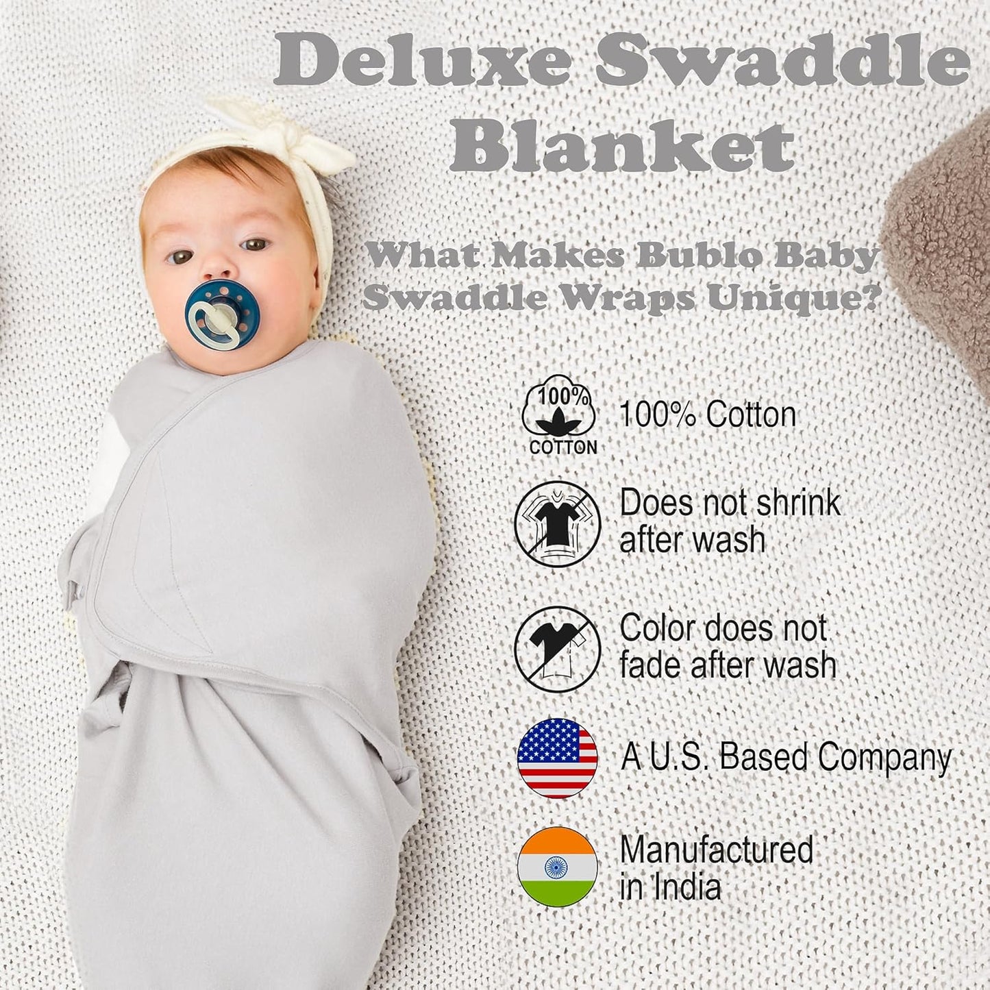 Bublo Baby Swaddles for Newborn Girls - 3 Pack Baby Swaddle Sleep Sacks - 3-6 Months - Pastel Grey-White Solid
