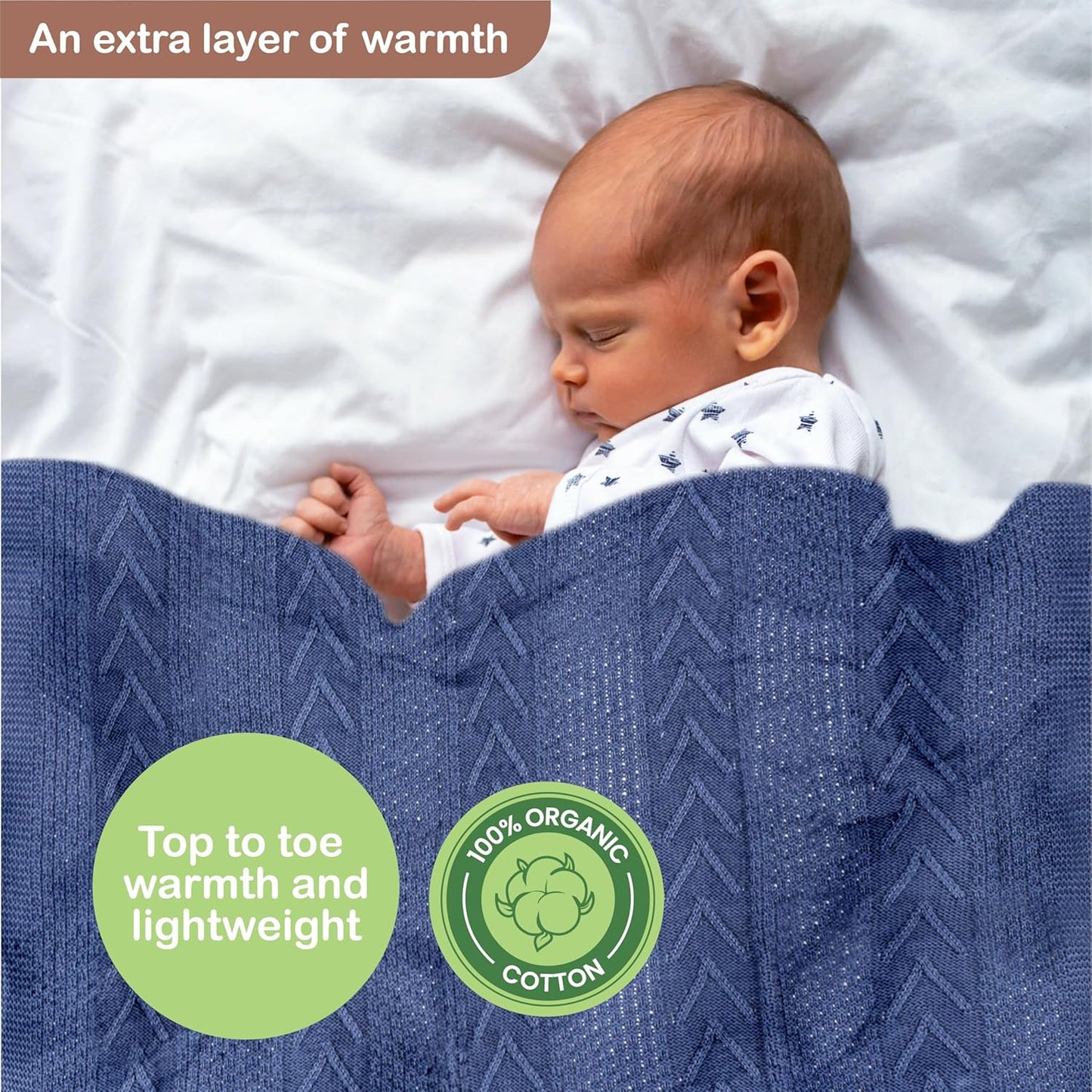 Organic Cotton Baby Blanket - 31.5 x 43.3 Inches, Soft Knitted Crib Blanket for Boys & Girls, Breathable Design (Blue)