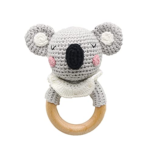 Wooden Baby Rattle for Newborn Toddler Soothing Handmade Crochet Ring Toys (Light Gray Koala)