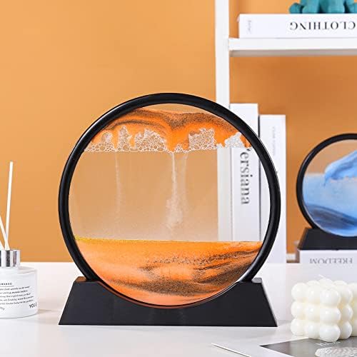 Moving Sand Art Picture in Motion Round Glass 3D Deep Sea Landscape, Dynamic Sand Art Sandscapes, Sensory Relaxing Desktop Table Decor Desk Decor Art Desk (7 inch, Orange)