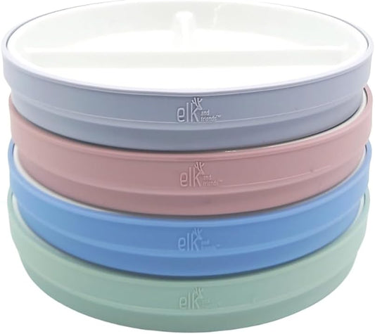 Elk and Friends Kids 6.7” Porcelain Divided Plates with Silicone Sleeves | Suitable for Babies/Kids/Toddlers | Microwave & Dishwasher Safe | Non Slip | Snack Dishes
