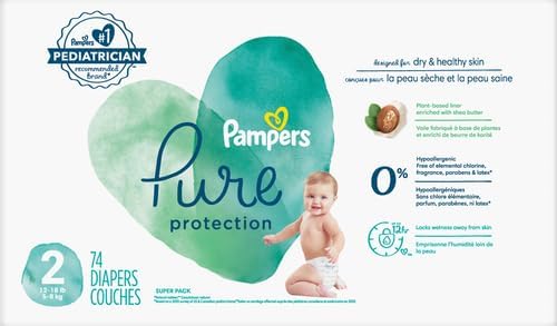 Pampers Baby Diapers - Pure Protection - Size 2, 74 Count, for up to 100% Leakproof, Premium Plant-based Skin Protection