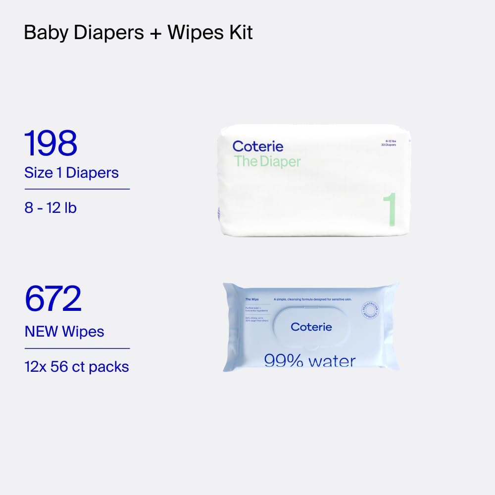 Coterie Baby Wipes + Diapers Kit, Size 1 Diapers (198 Count) & 12 Pack (672 Count) Baby Wipes with 99% Water, Plant Based Materials, Hypoallergenic for Sensitive Skin