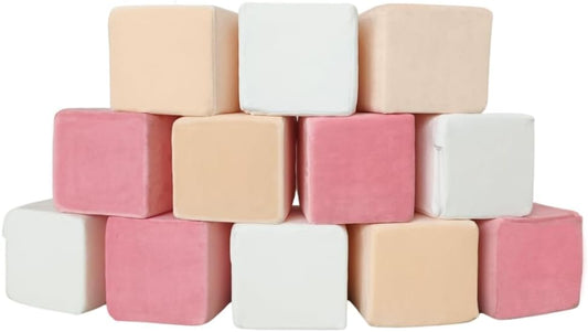 Wonder Space Plush Foam Blocks - Nursery Building & Stacking Toys for Toddlers Boys & Girls, Soft Smooth Velvet Cover, Early Education Gross Motor Skills & Brain Development (12 Cubes, Soft Blush)