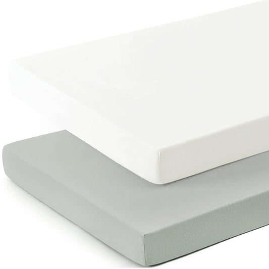 GRSSDER Mini Crib Sheets Fitted, Pack and Play Sheets 2 Pack, Ultra Soft Stretchy Pack N Play Sheets, Universal Fit for Playard Mattress, Jersey Crib Sheets Neutral for Boys and Girls, Gray/White