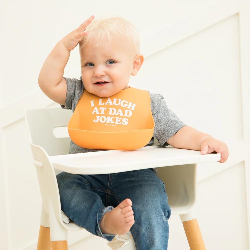 Baby Bib for Eating by Bella Tunno, Waterproof Silicone Bib with Large Food Catcher, Adjustable Fit for Babies 4-12 months & Toddlers 1-3 Years, Boys & Girls, I Laugh At Dad Jokes